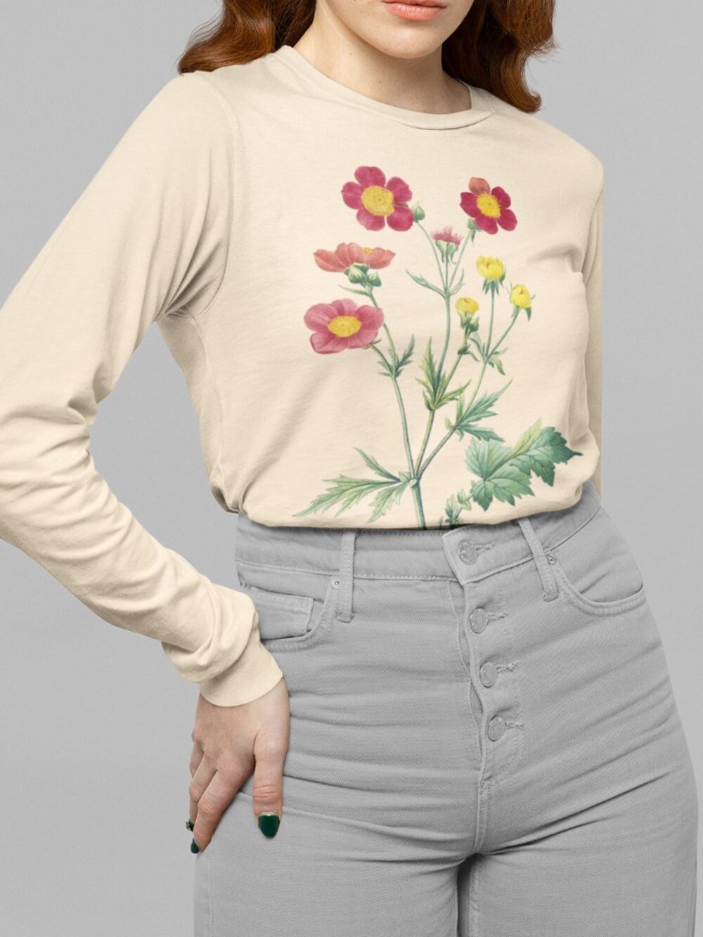 Red Avens Vintage Floral Print Long Sleeve Graphic Tee T-shirt S-XXL